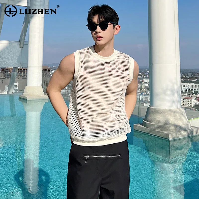 

LUZHEN Mesh Hollow Design Trendy Personality Sleeveless Vests T Shirts Original Perspective Street Summer Men's Tank Tops LZ4277