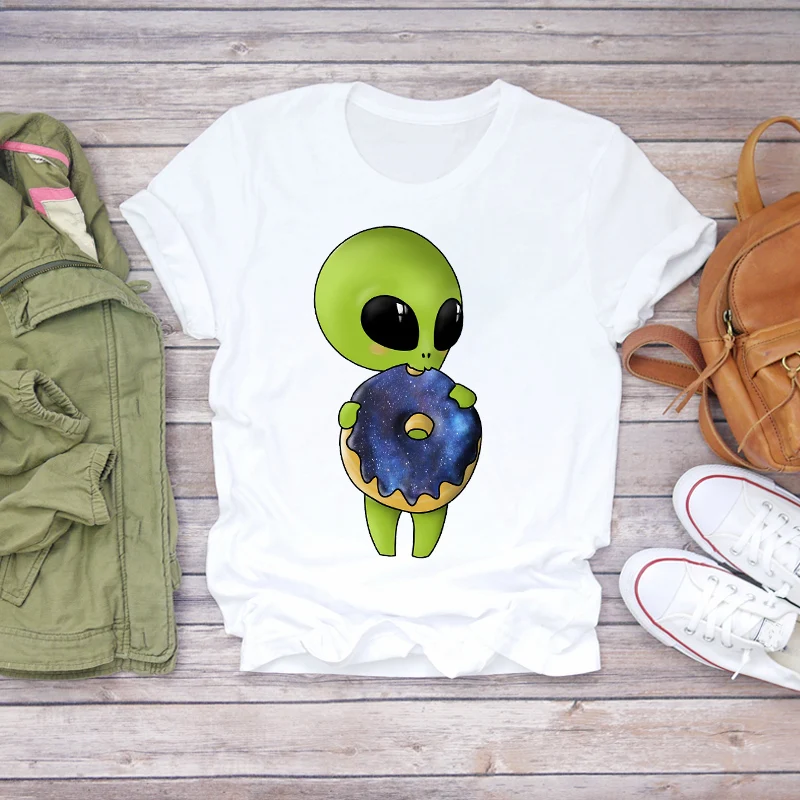 Women Cartoon Alien Space Printing Short Sleeve Clothing Summer Shirt T-shirts Top T Graphic Travel Ladies Womens Tee T-Shirt