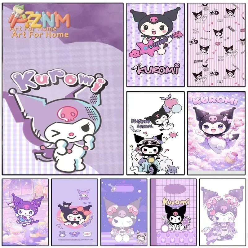 AZNM Kuromi Purple Grid Rock Guitar Canvas Poster Cute Cartoon Print Unframed Wall Painting for Girls Bedroom Home Decor