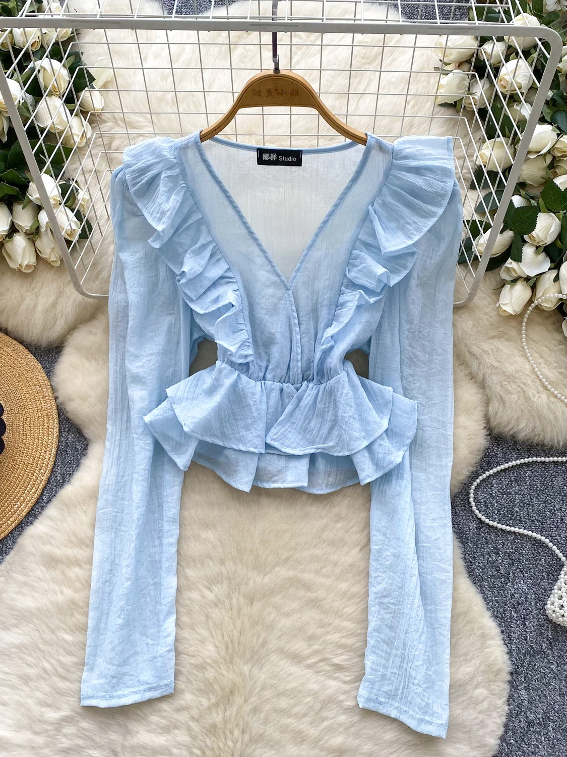 

Ele Long Sve Women's irt Summer Deep V Ne Lace Trim Thin Sweet Aosphere Ladylike Top Commute Sle Loose Fit