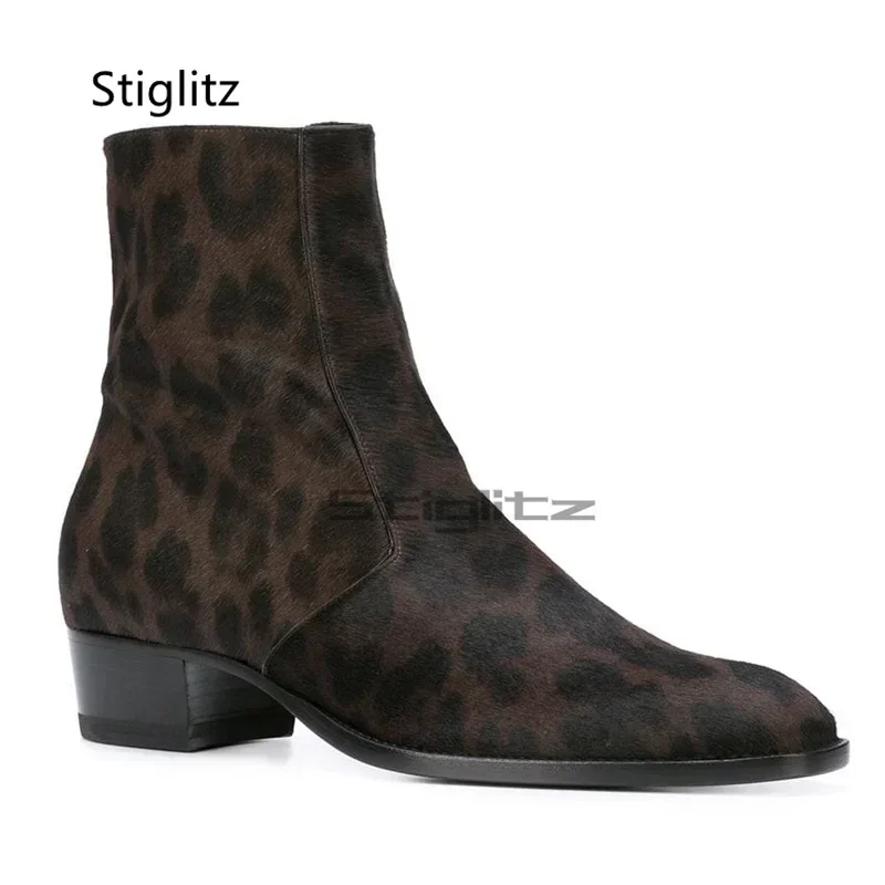 Leopard Chelsea Boots for Men Med Heeled Genuine Leather Prints Ankle Boots Zip Retro British Style High Top Catwalk Male Shoes