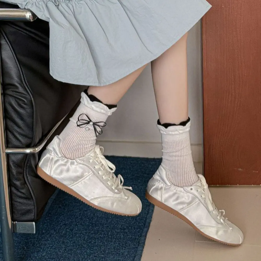 

5Pairs Solid Color Ruffle Bowknot Pearl Socks Ins Style Thin Mid Tube Socks Lolita Female Hosiery Sweet Socks Women Girl