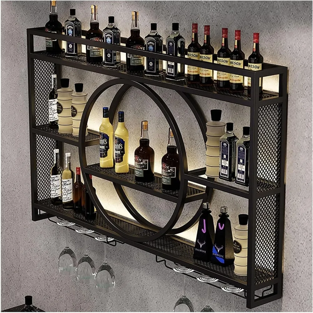 39-Zoll-Upgrade-Weinregal aus Metall zur Wandmontage mit LED-Beleuchtung, 3-stufiges Hängebarregal mit großer Kapazität, Wandbar, Schrank, Minibar für