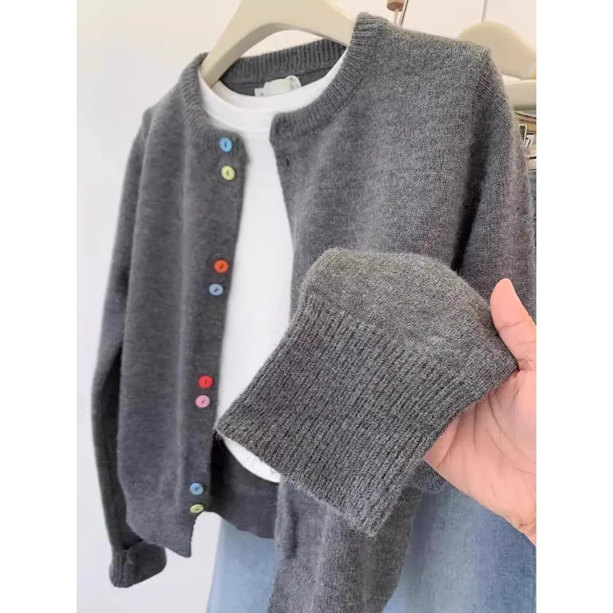 

Spring Autumn New Style Open Cardigan Coat Casual Elegant Fashion Grey Short Loose Women's Sweater Soft And Versatile