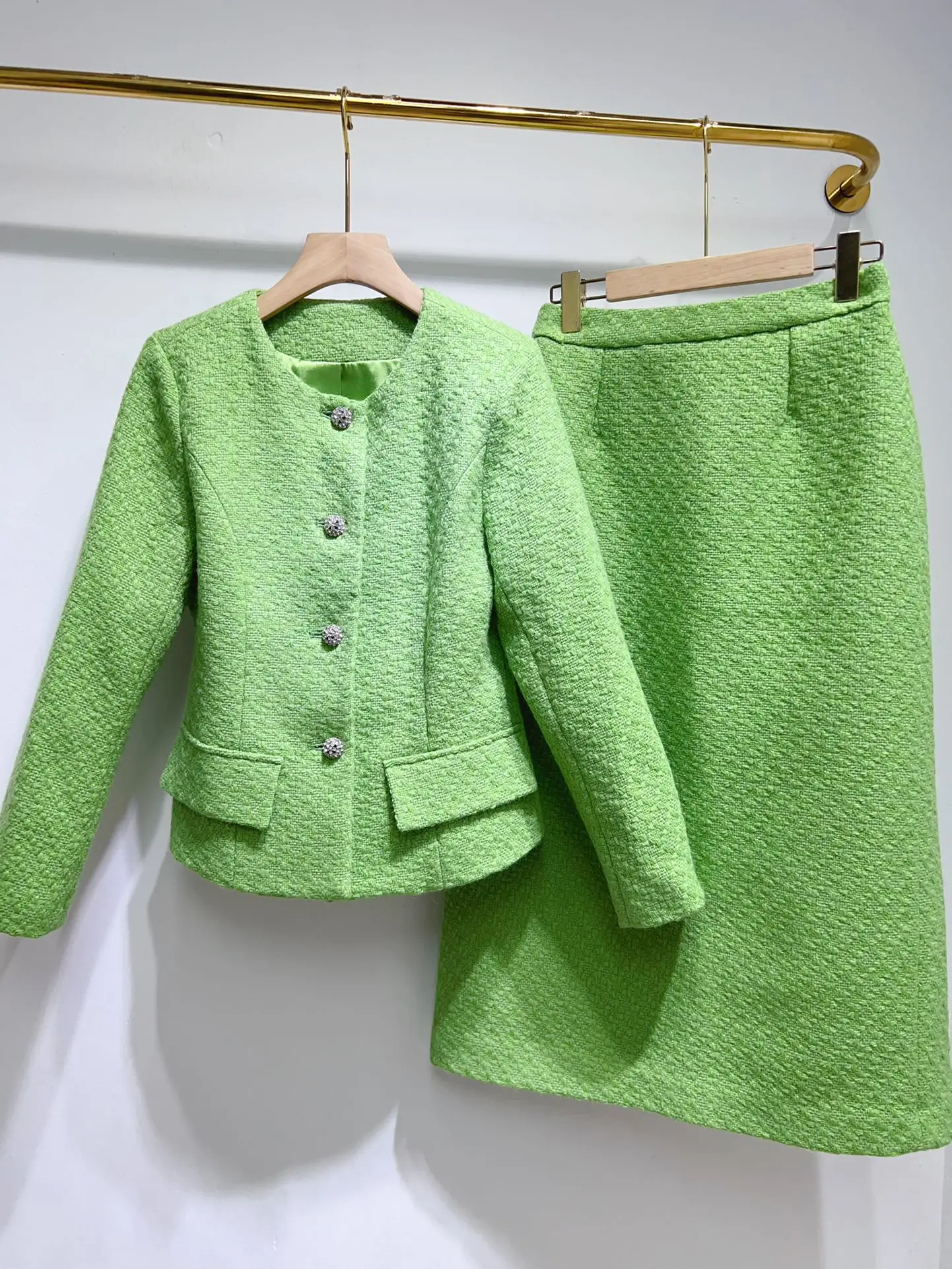 ZJYT أنيقة الخريف الشتاء المرأة سترة صوفية وتنورة دعوى 2 قطعة الزي الأخضر موضة فستان الحفلات مجموعات الملابس النسائية