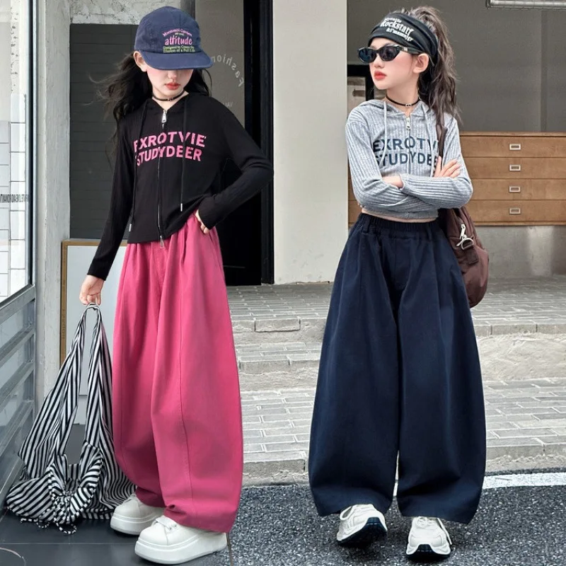 1pc 2026 teens autumn kids Girls Clothes Child letters kniteed sweater hooded crop top or wide leg Cargo pant 4 8 10 12 14 year