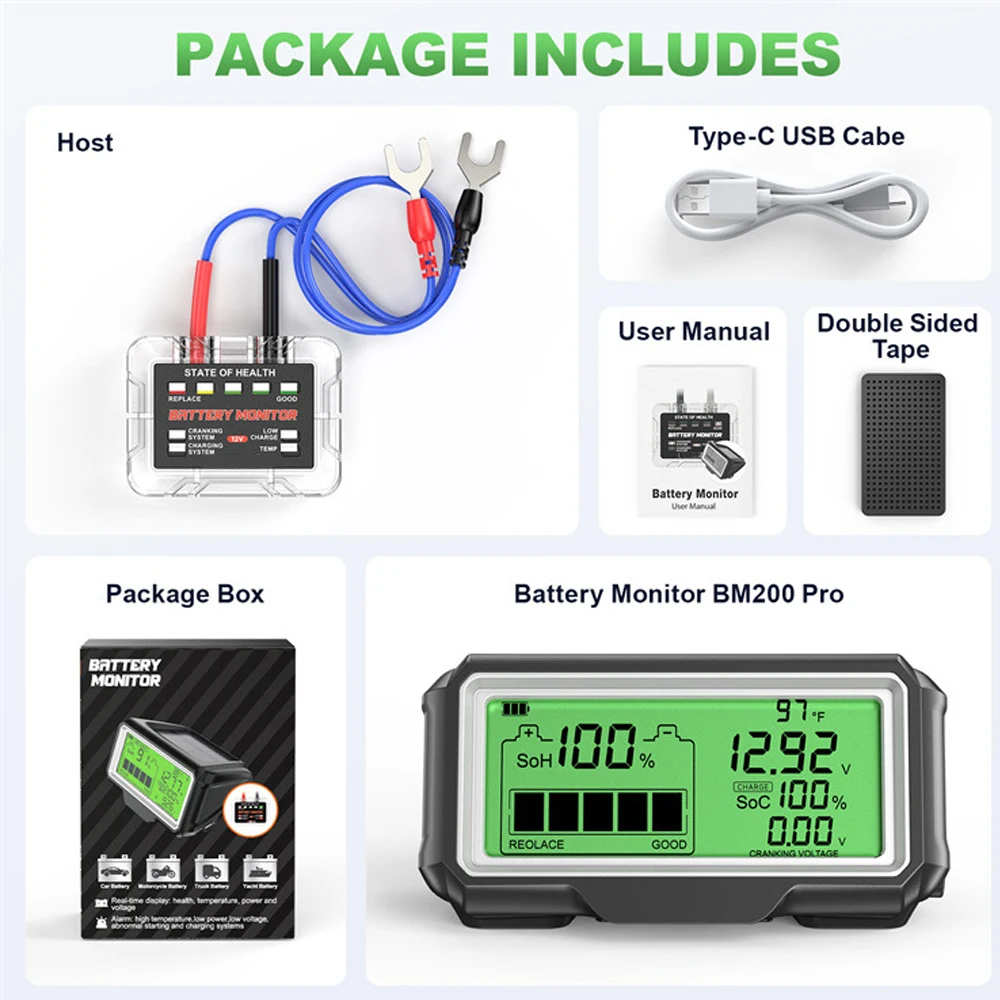 BM200 PRO 12V Tester di capacità della batteria dell\'auto Monitor Display a LED impermeabile SOH SOC carica della batteria analizzatore di salute