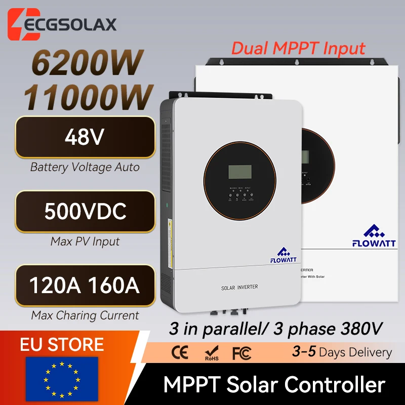 FLOWATT 6,2KW 11KW Hybrid-Solarwechselrichter 230V 48V Mit MPPT 120A 160A Solarregler Reiner Sinus-Wechselrichter für Netzunabhängige Systeme Parallelbetrieb