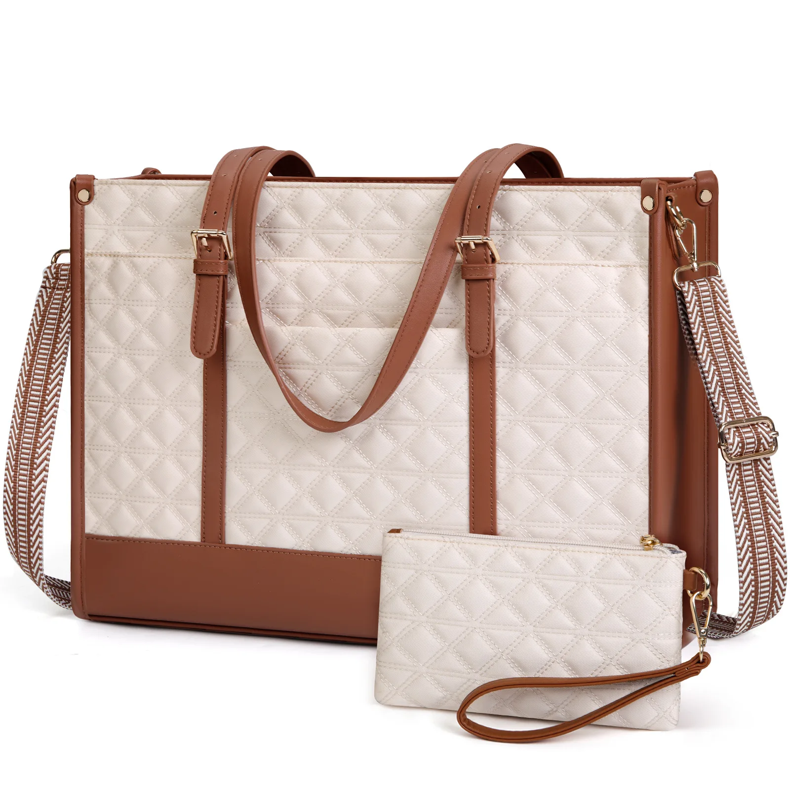 حقيبة كمبيوتر أوروبية عصرية ومتعددة الاستخدامات وراقية، حقيبة نسائية مقاس 15.6 بوصة، حقيبة سفر للأعمال طقم مكون من قطعتين