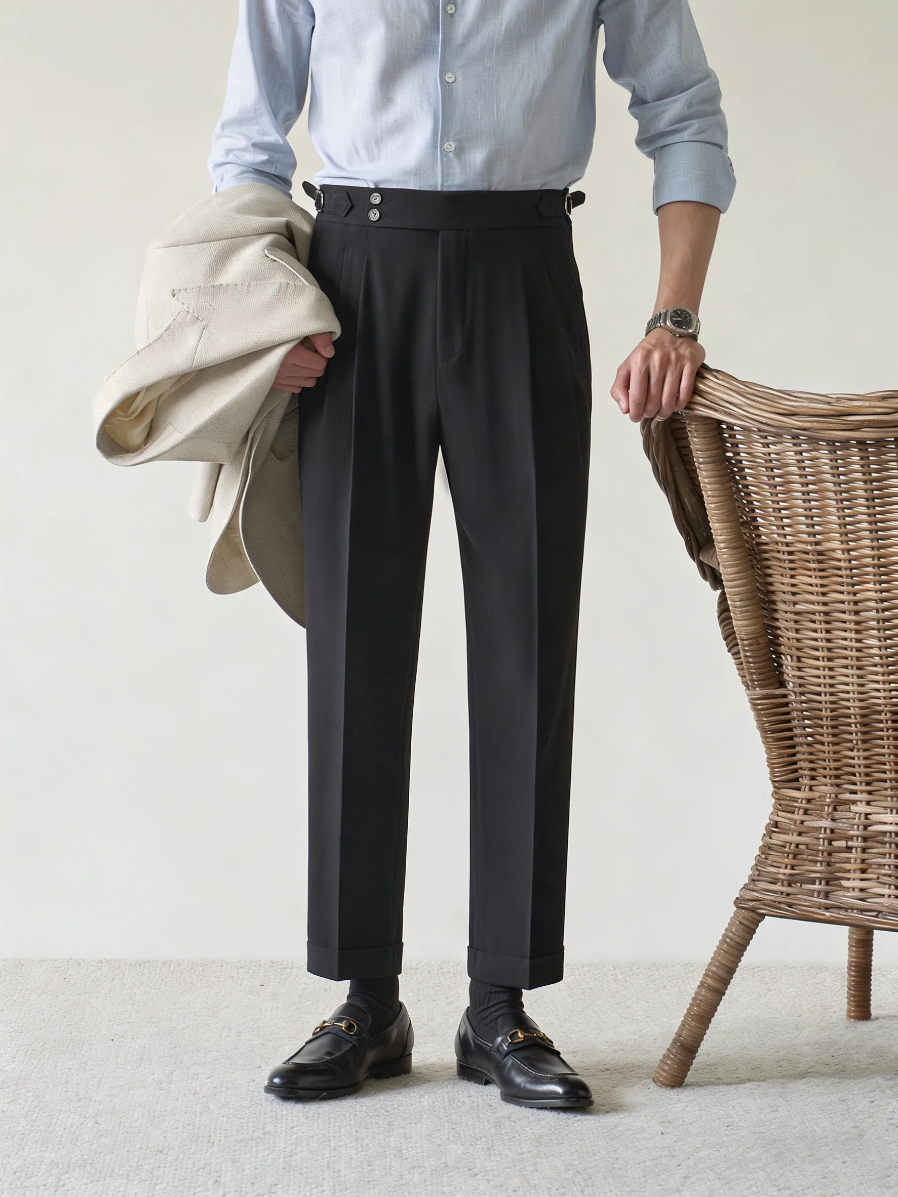 

Faionable Busin Italian Neapolitan Men's Pants Double Pleat Paris Button ular Long Trousers Youth Casual Color