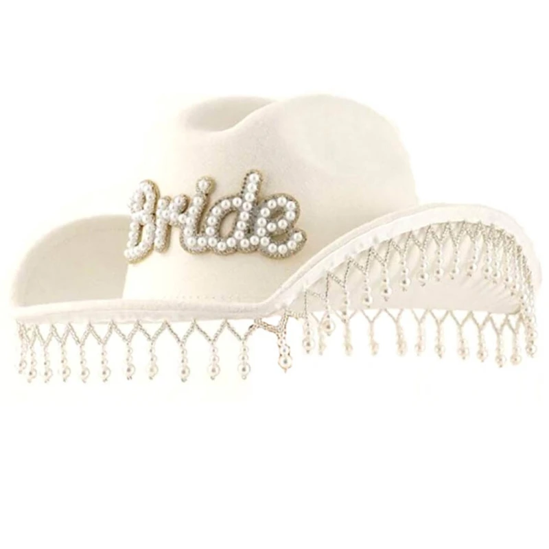 Q0KE Letter Bride Cowboy Hat for Bride Role Play Costume Cowgirl Hat Wedding Party Hat Bachelorettes Party Photo Hat Headwear