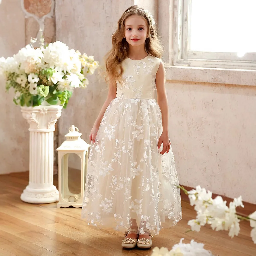 Champagne o pescoço sem mangas rendas vestidos da menina de flor menina longo vestido de dama de honra para o casamento vestido de baile grande arco vestido de chica