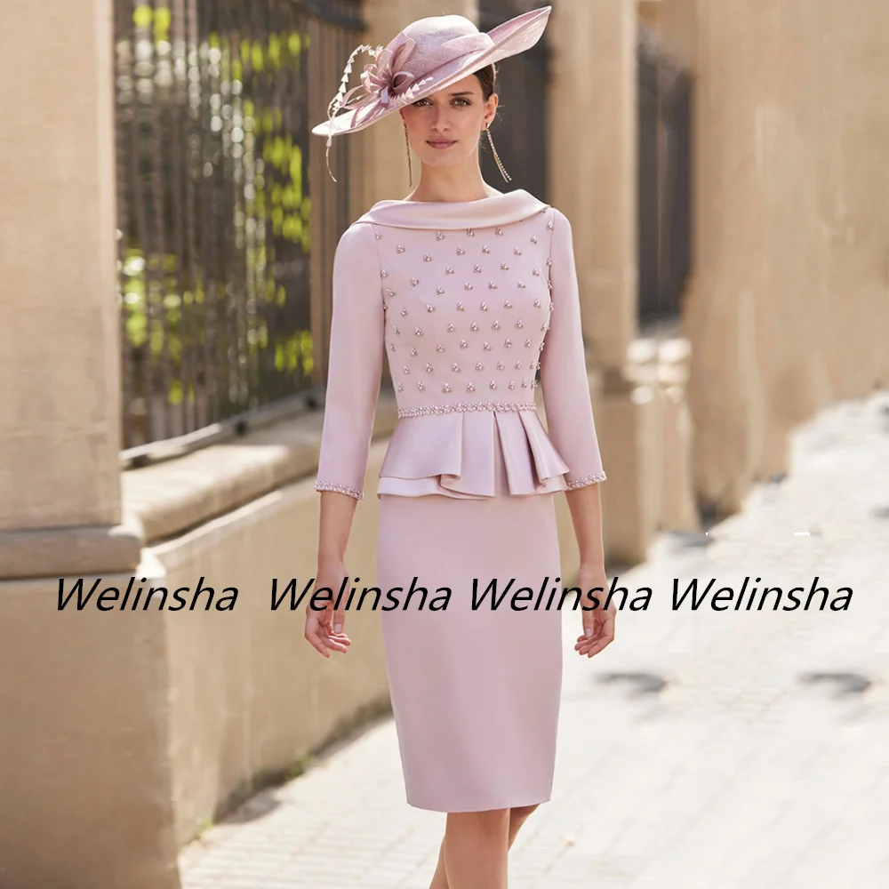 Weilinsha Mother of The Bride Dress Knee Length Scoop Neck Pearls Beading 3/4 Sleeves Sheath Wedding Guest Gown for Woman