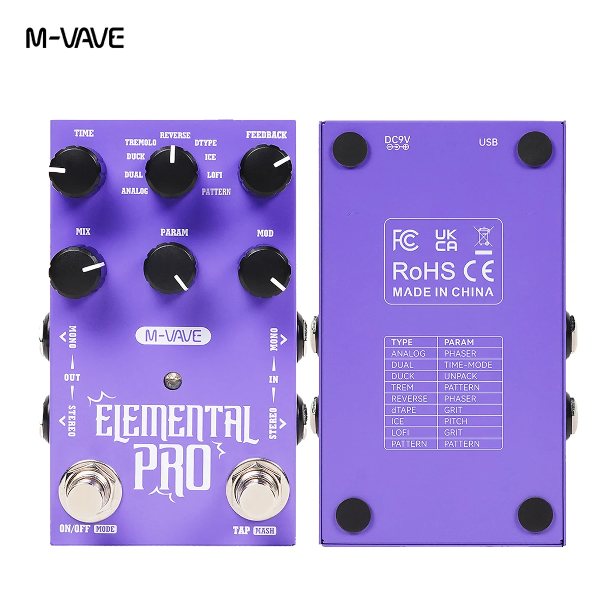 

M-VAVE Elemental Pro Stereo Delay Guitar Pedal – 9 Effects, TAP Tempo,MASH Sustain, Dual Power (DC/USB-C), for Guitar/Bass/Synth