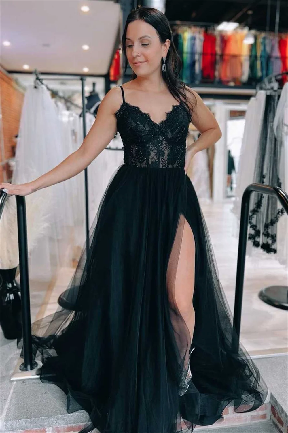 Gaun Prom hitam Jessica sulaman renda gaun malam pernikahan elegan gaun koktail korset Tulle Vestidos De Fiesta