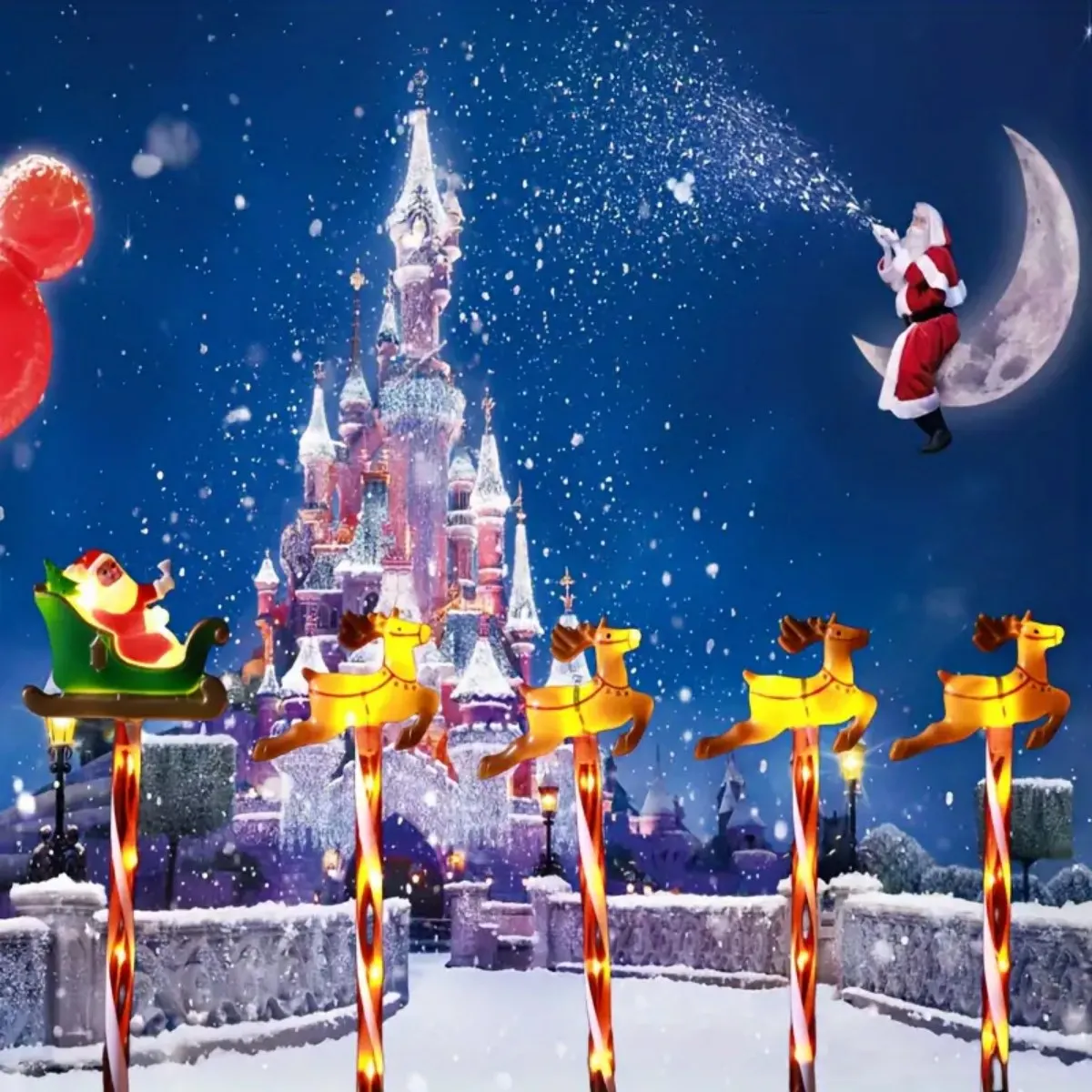 5 pz/set luci solari del percorso di Babbo Natale e cervo di Natale con 8 modalità luci da palo da giardino per la decorazione del portico del prato del cortile della passerella di casa