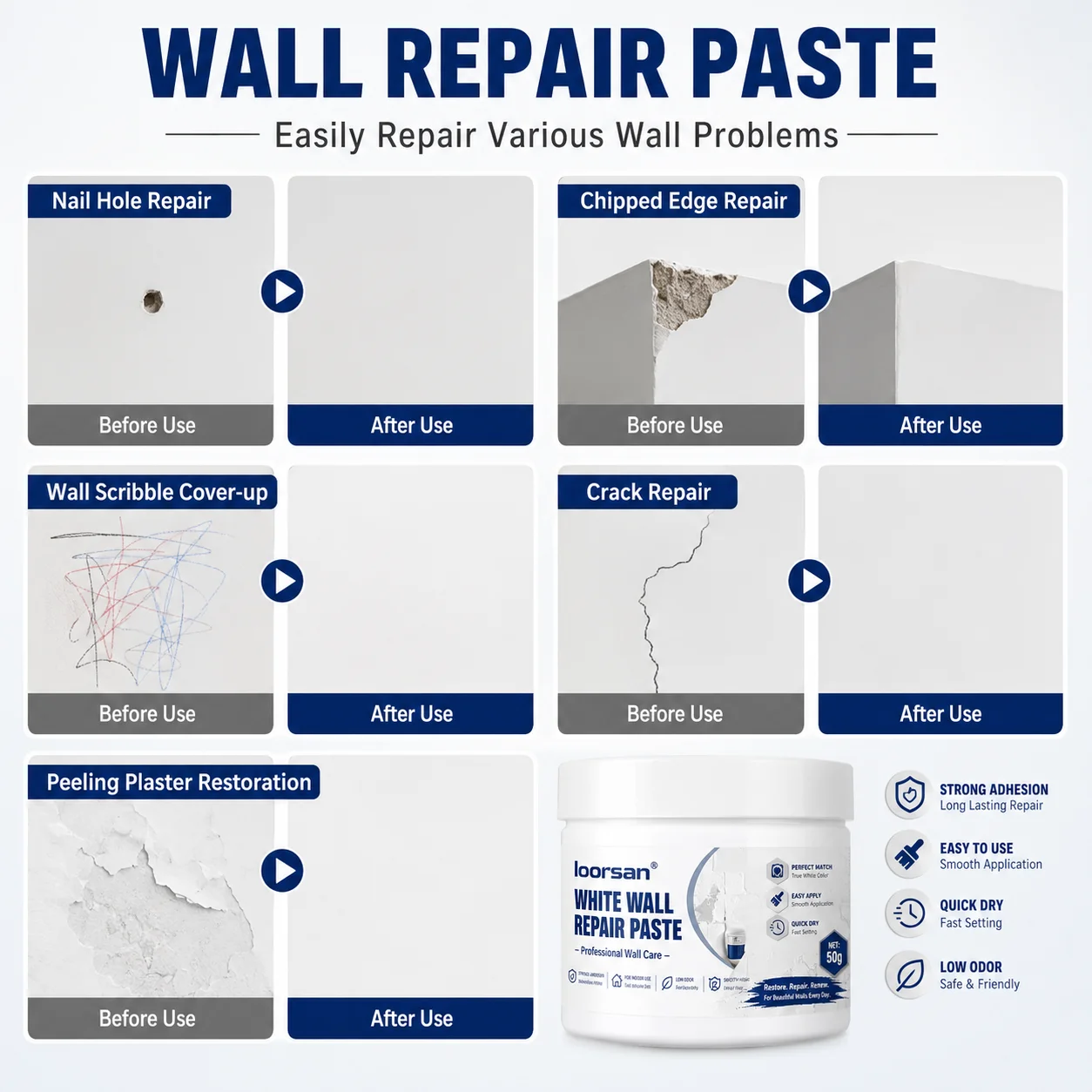 Loorsan Wall Repair Paste 50g Quick Dry White Putty Filler For Holes Cracks Drywall Home Wall Smooth Finish Non PeelingL