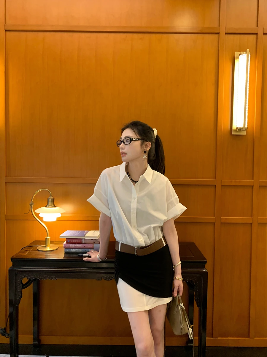 

Summer Commute Sle ort Sve irt for Women Ele Casual Cotton Blend oulder Widthened irt White Color