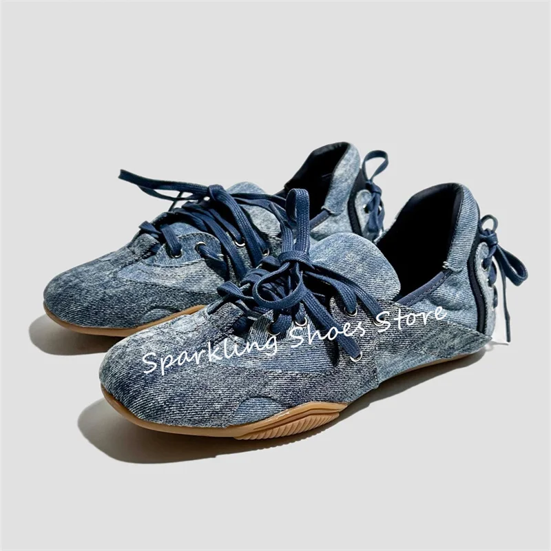 Fashion Denim Square Toe Ballet Shoes Women Flats Retro Shallow Lace-Up Back Butterfly Knot Decor Mary Janes Ladies Dress Shoes