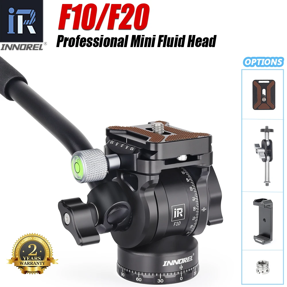 INNOREL F10/F20 Mini głowica statywu z płynną głowicą uchylną, metalowa głowica statywu wideo z płaskami Arca Swiss Q.R do lustrzanki wideo