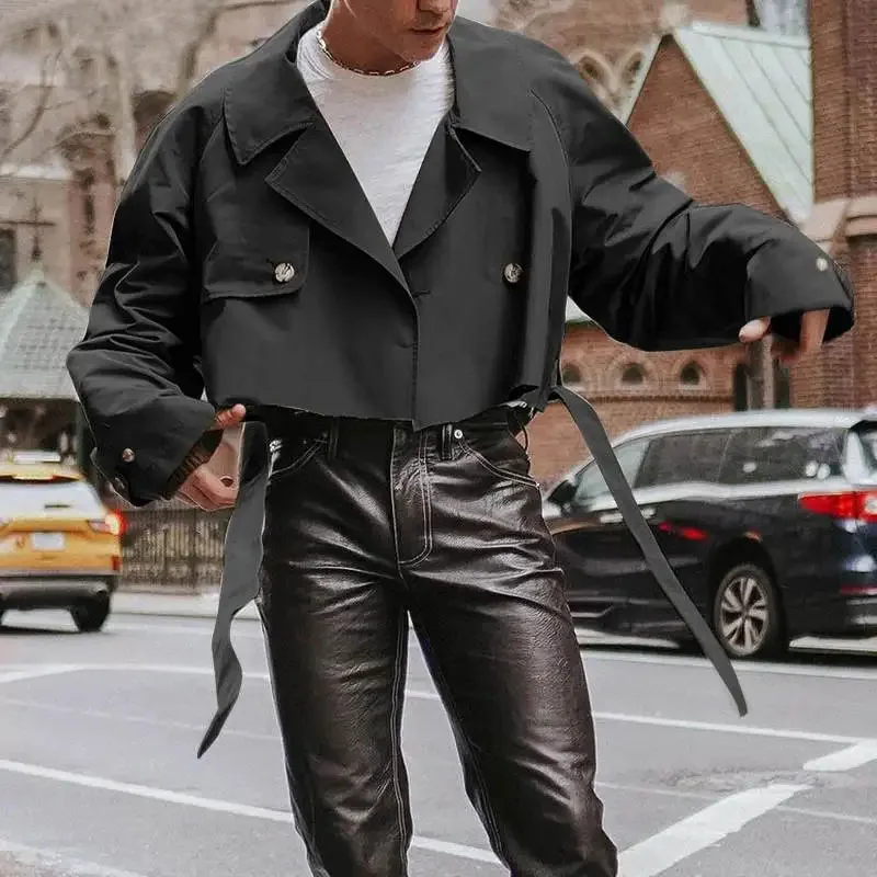 جاكيت رجالي بطية صدر أحادية اللون ، كم طويل ، فضفاض ، معاطف قصيرة للذكور ، كاجوال ، ريترو ، رائج ، ملابس الشارع مع حزام ، الموضة #5