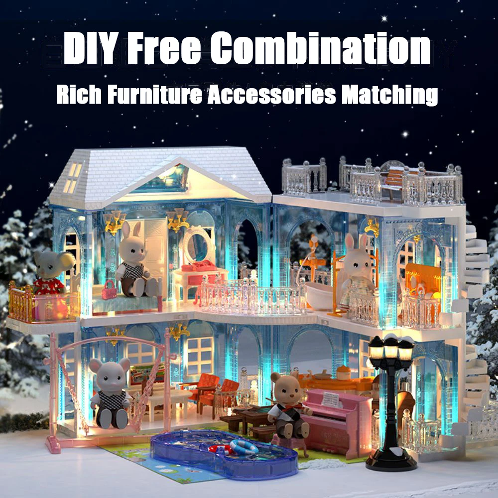 Luxury Light Crystal House Miniature Furniture Dollhouse DIY Princess Castle Set Simulation Assembling Toys Girls Birthday Gift