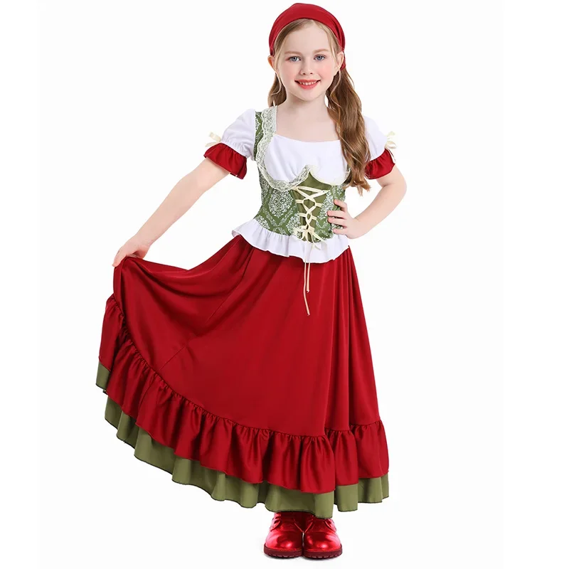 Halloween Children Germany Munich Oktoberfest Farm Maid Lolita Long Dress Girl Burgundy School Dance Show Cosplay Dress Up Suit