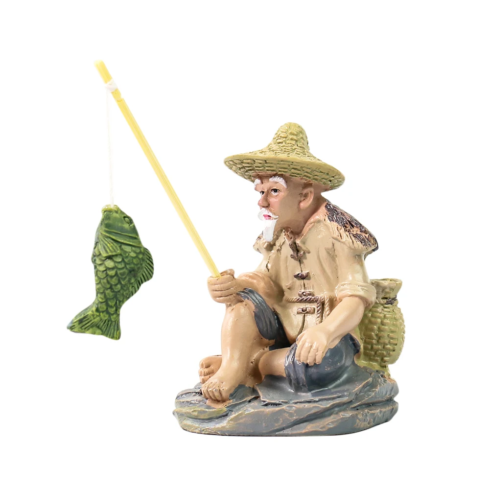 Lifelike Fisherman Fishing Fish Basket Resin Ornament Charm Cute Figurine Tea Pet Crafts Paperweight Garage Kit Shopwindow Decor