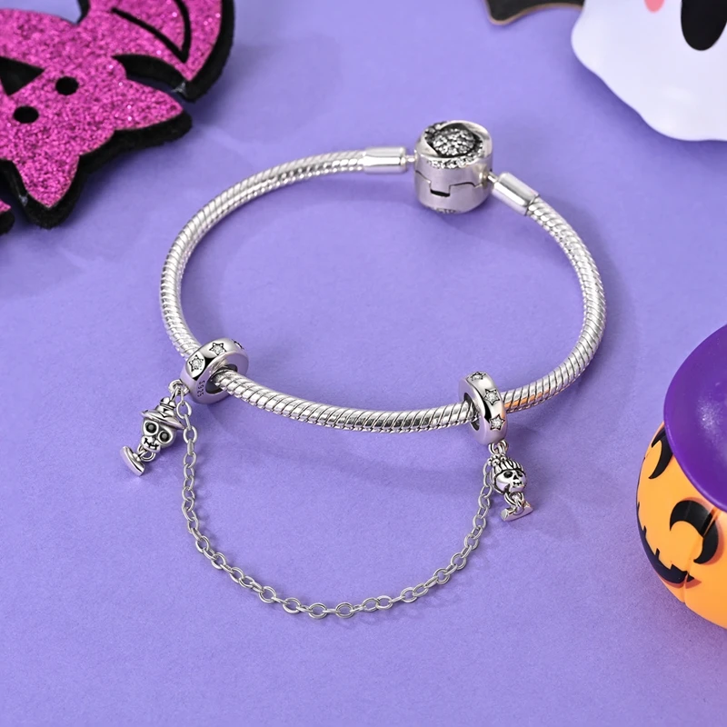 925 Sterling Silber Halloween Charm-Perlen Kürbis Totenkopf Hexe Geist Schwarze Katze Anhänger Passend für Halsketten Armbänder Damen Schmuck Geschenk – Detail 11