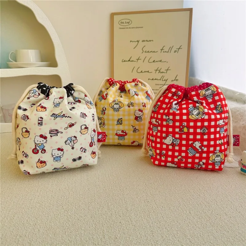 

2025 New Cute Cartoon Hello Kitty Printed Double-layer Cotton Drawstring Tie Pocket Storage Bag Handmade Cotton Bag