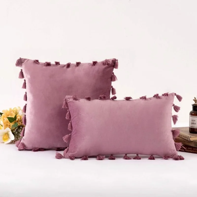 Fringed Tassel Jam Soft Velvet Pillowcase Handmade Bohemian Velvet Popular Light Colors Cushion Cover 50x50cm/30x50cm/45x45cm
