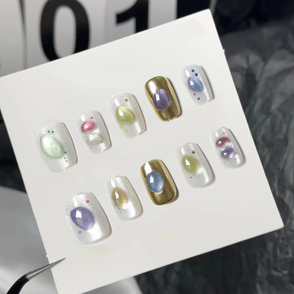 

10 шт., французский кошачий глаз, накладные ногти, ношение доспехов, красочный драгоценный камень, многоразовые короткие накладные типсы для ногтей