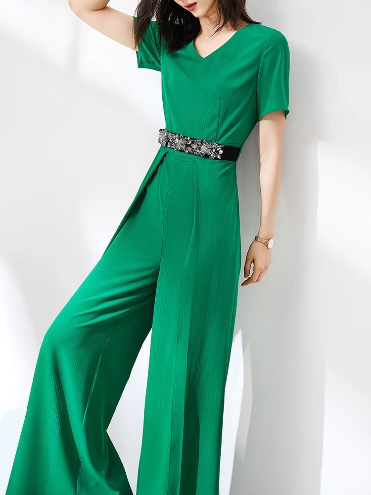 Quality Elegant Women\'s Long Jumpsuits for Girl Casual Fashion Wide Leg Pants Short Sleeves Green Vintage Ladis Party Rompers