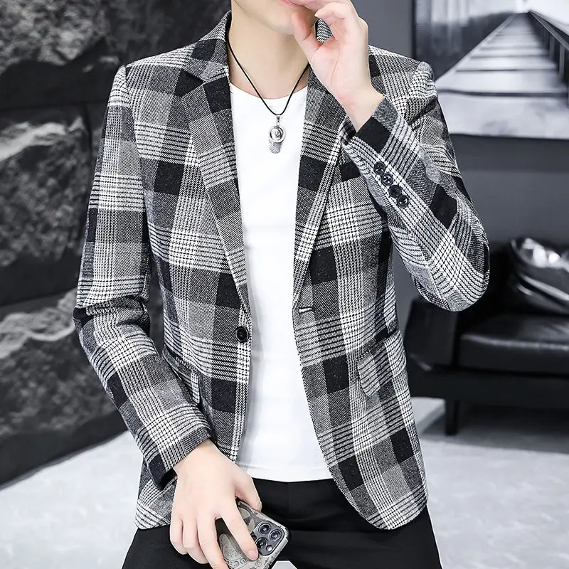 

Casual Slim Fit Plaid Suit Trendy Spring Autumn Outerwear Men's Faion Ci Sle Stand Fit Busin Casual Long Sve