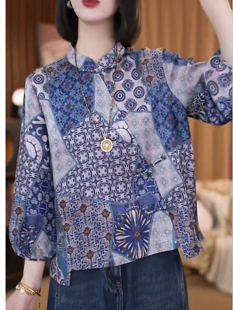 Nueva Camisa de Mujer con Estampado de Porcelana Azul y Blanca Estilo Chino Primavera Verano 2026, Cuello Mao, a la Moda, Estilo Old Money Tang Sui