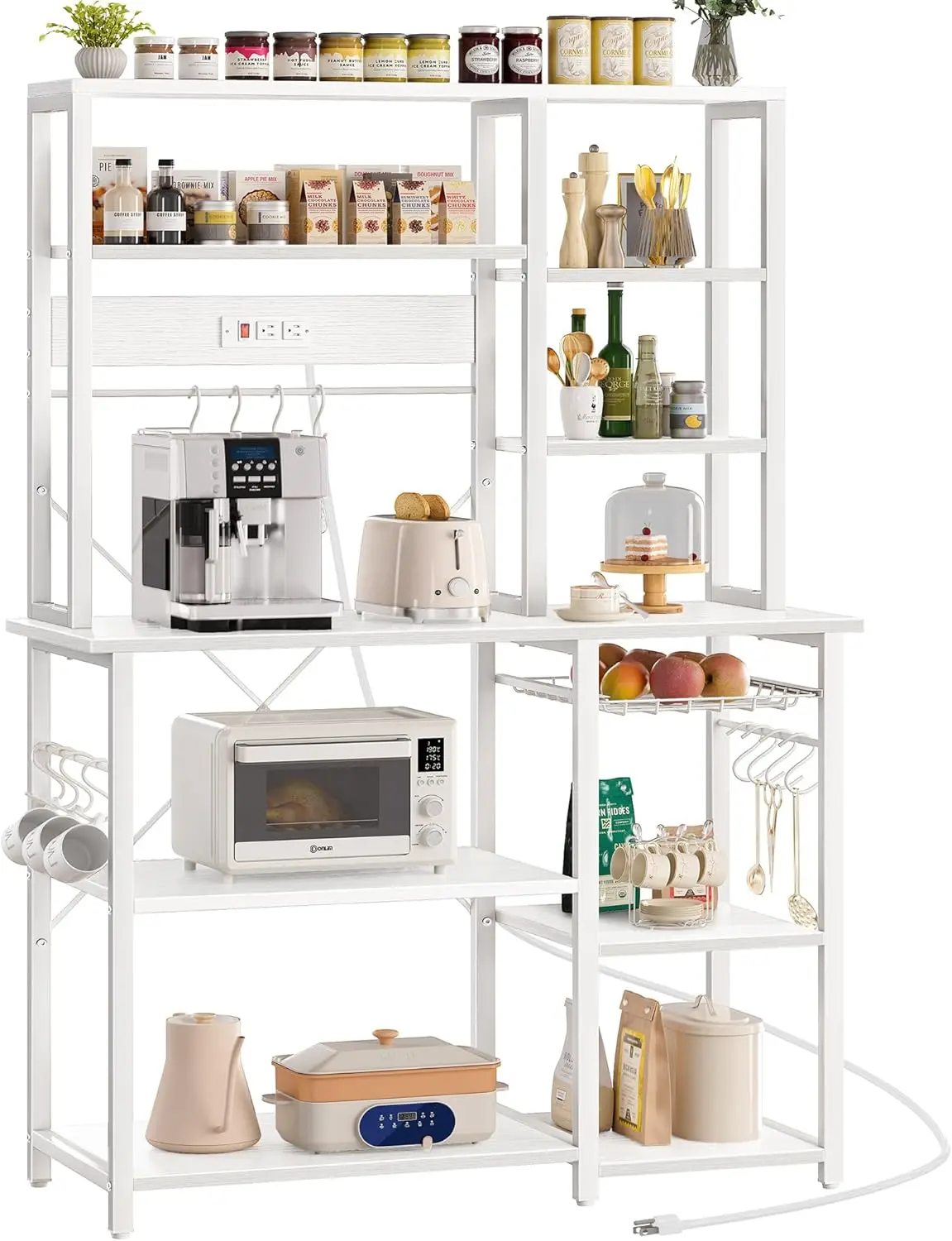 Large Bakers Rack with Power Outlets, 6-Tier Microwave Stand, Coffee Bar with 12 S-Shaped Hooks, Kitchen Shelf with Wire Basket