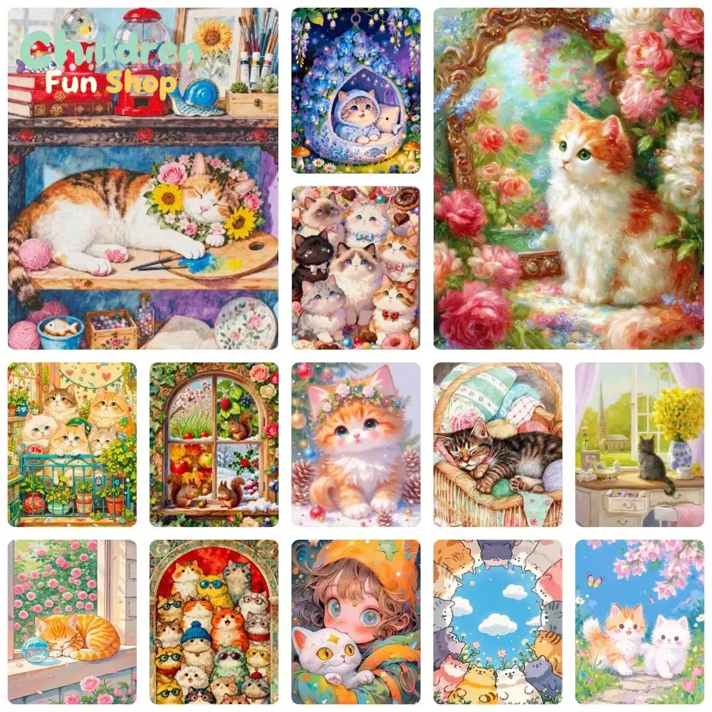 Diamond Painting Lovely Fluffy Kitten Rose Floral Scenery Mosaic Handmade Artwork Round/Square Diamonds Gift Home Decor,No Fra