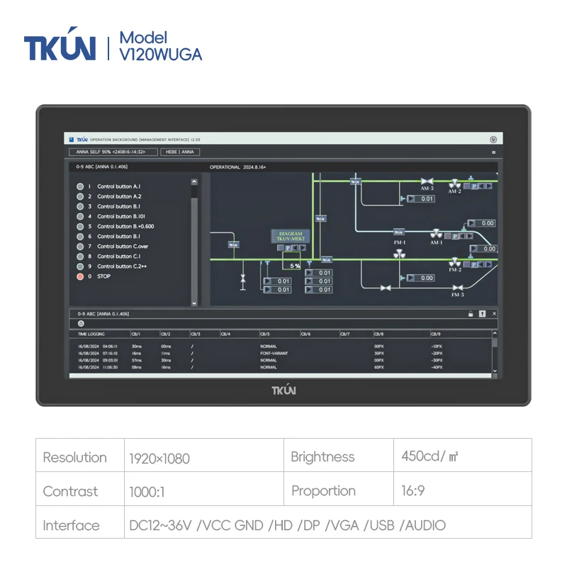 12-Inch 1920x1080 Industrial Widescreen Touch Display Embedded Installation Touch Screen DP HD-MI TKUN Industrial Computer