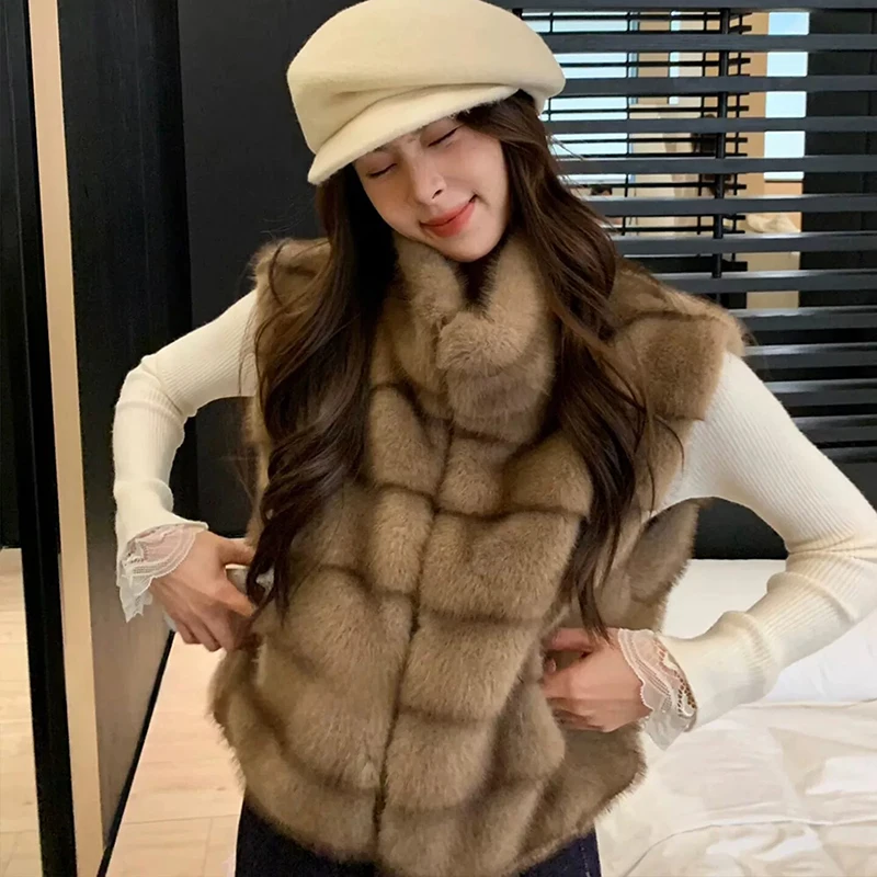 Luxury Stand Collar Fluffy Faux Fur Vest for Women 2026 Winter Zipper Up Sleeveless Outerwear Woman Mink Hair Crop Waistcoat