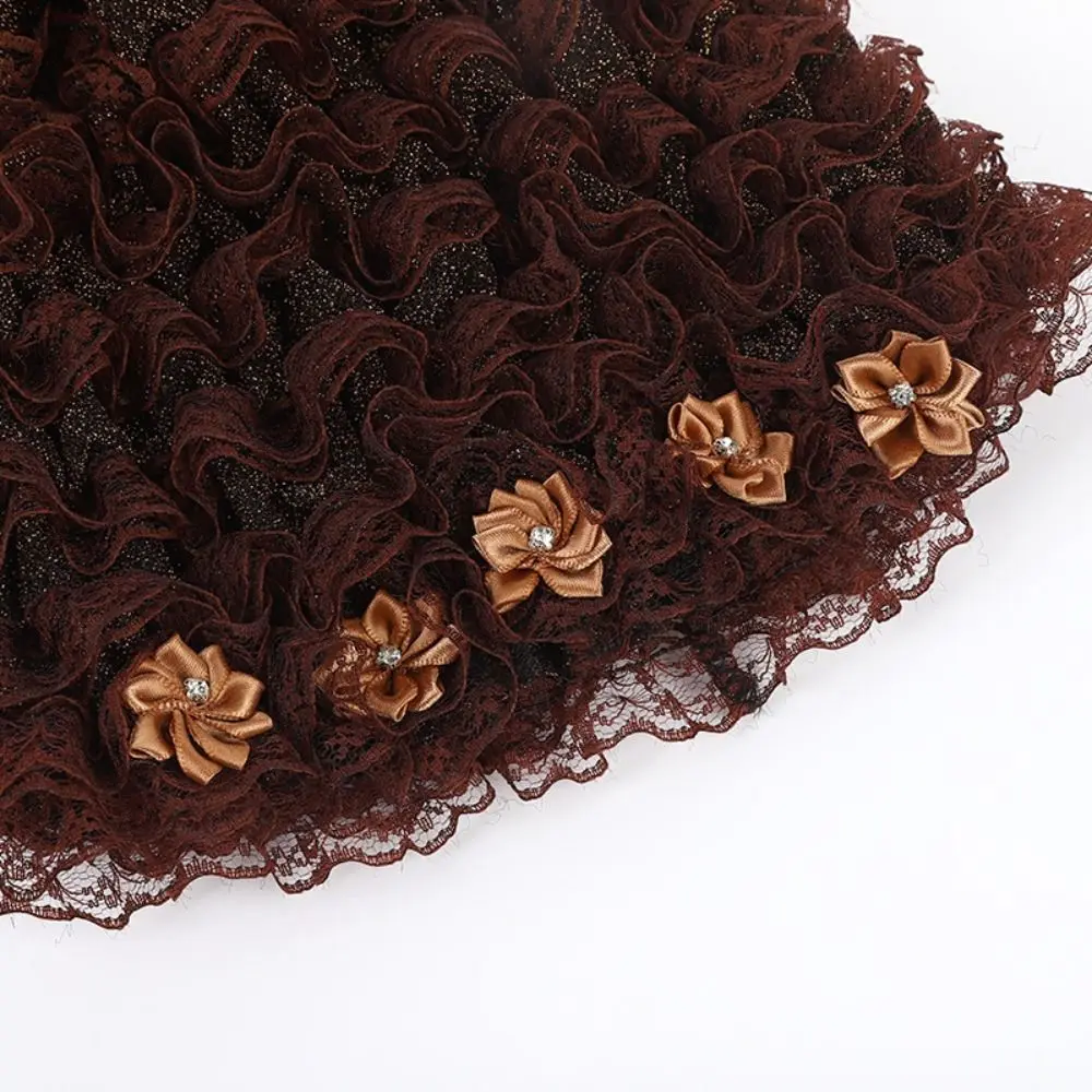 Gifts Synthetic Fiber Baotou Hat Curly Lace Trim Curly Wig Cap Ruffle Design Soft Fabric Prayer Hat for Women