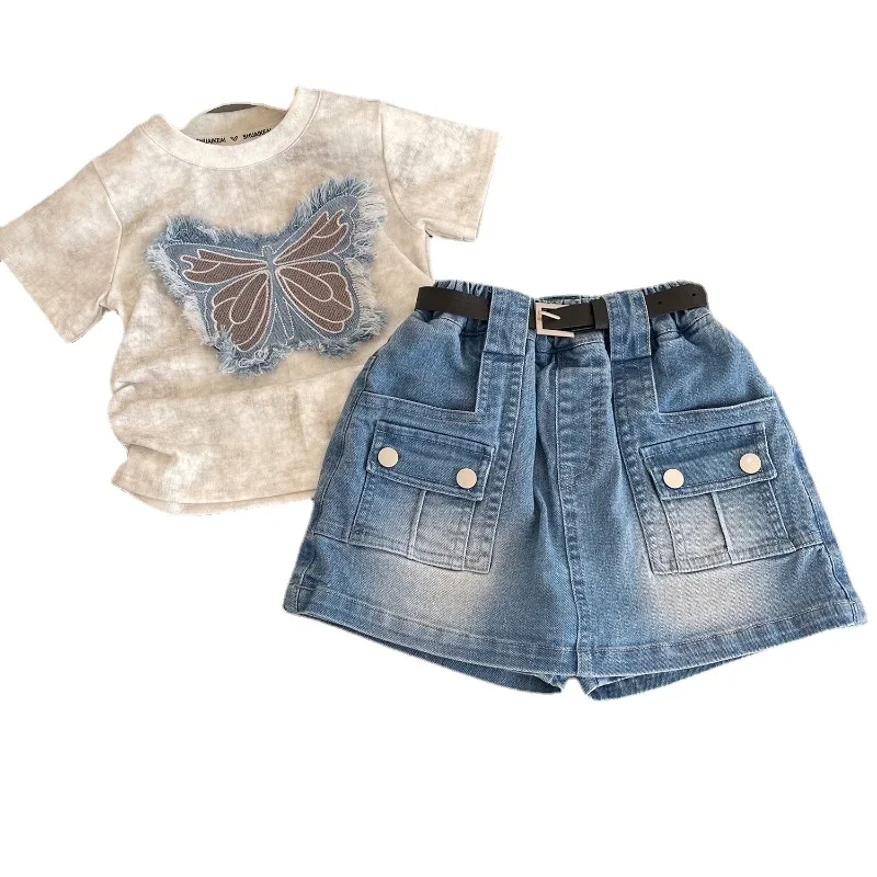 Girls T-shirt Summer Short Sleeve Kids Tops Korean Children Casual Denim Shorts Toddler Girl Costumes  2 3 4 5 6 7 8 9Yrs