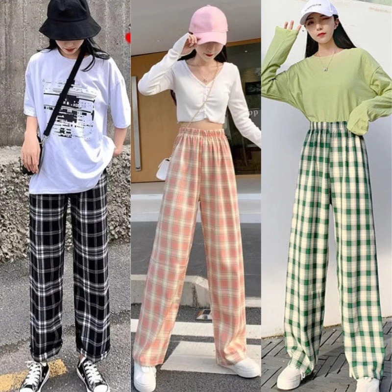 2024 new high waist loose plaid pajama trousers Women\'s spring, autumn and winter leisure thin straight wide leg pajama trouser