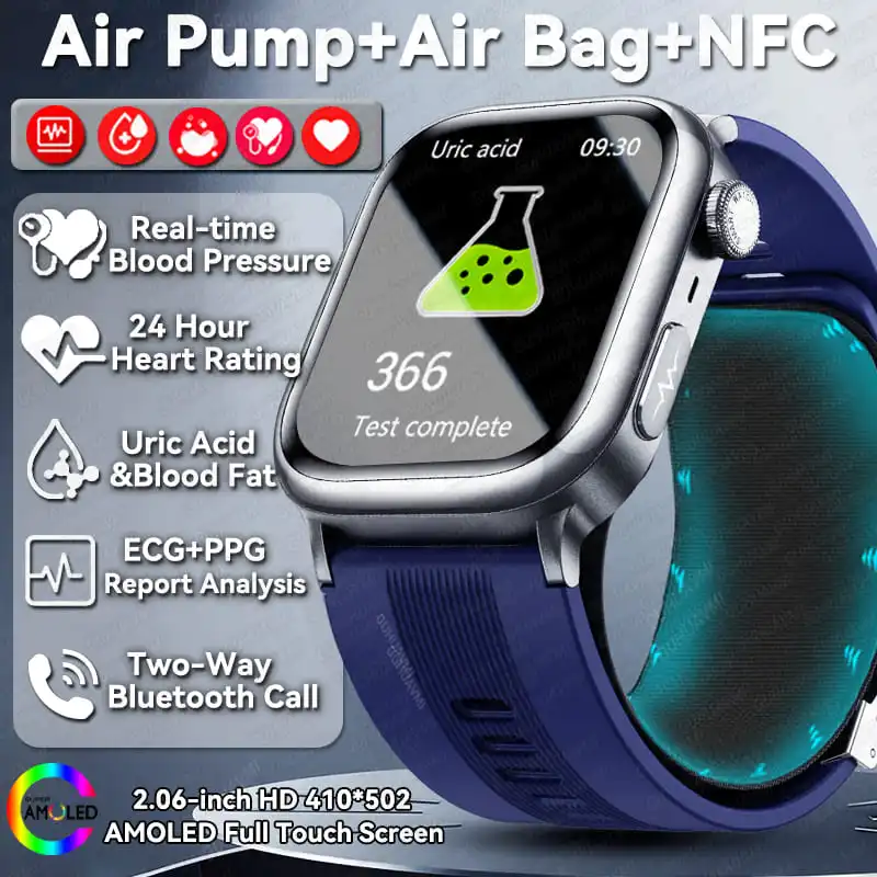 

Воздушный насос 2025, подушка безопасности, кровяное давление, мочевая кислота, липид, умные часы для мужчин, ЭКГ + PPG, рейтинг сердца, NFC, 2,04-дюймовые Bluetooth-браслеты для вызова