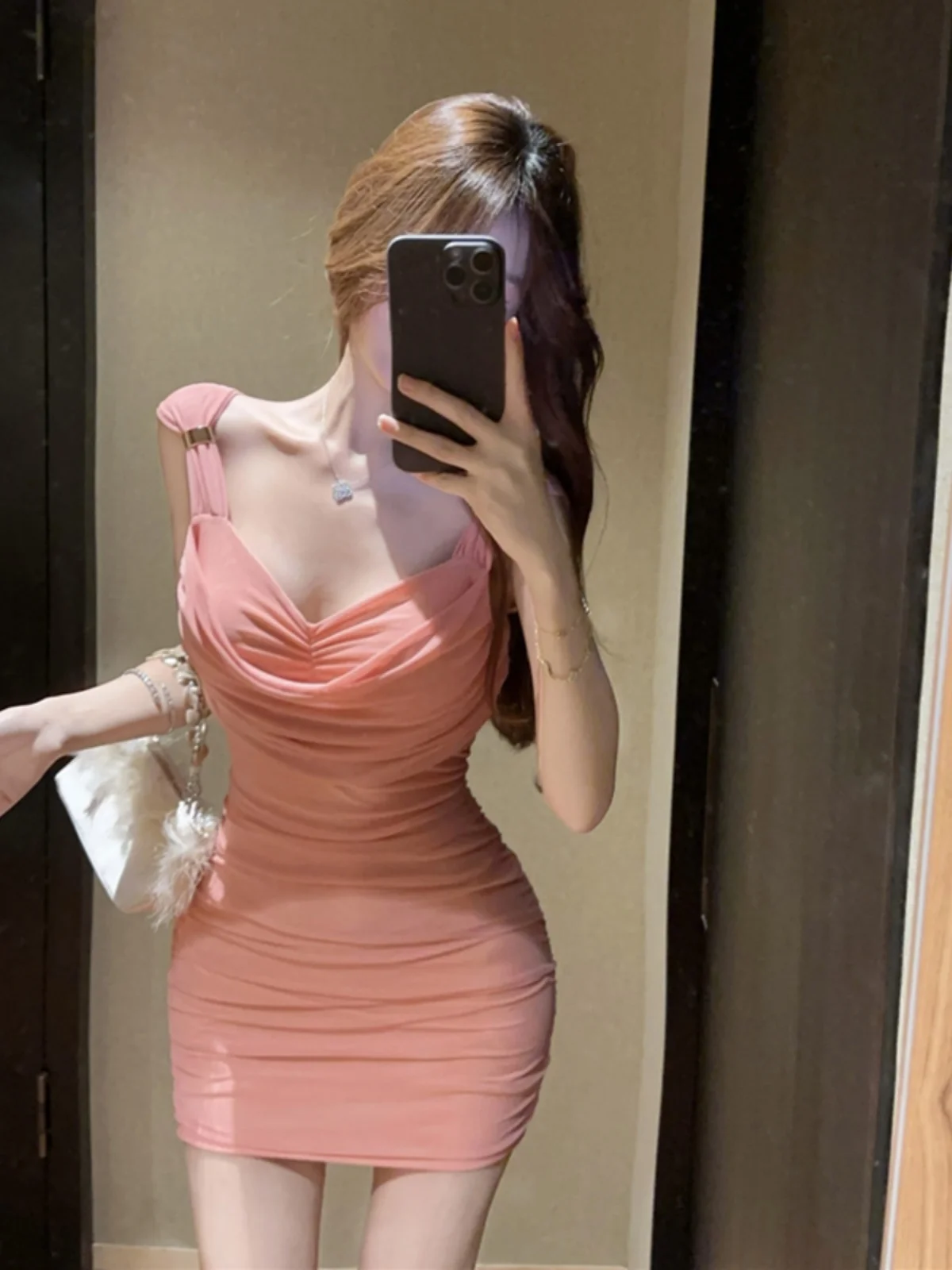 

Sexy Chic Fishing Date Dress Pink Slim Fit Bodycon Skirt with Lace Trim Strapless Midi Dress for Women Girls Date Outfits