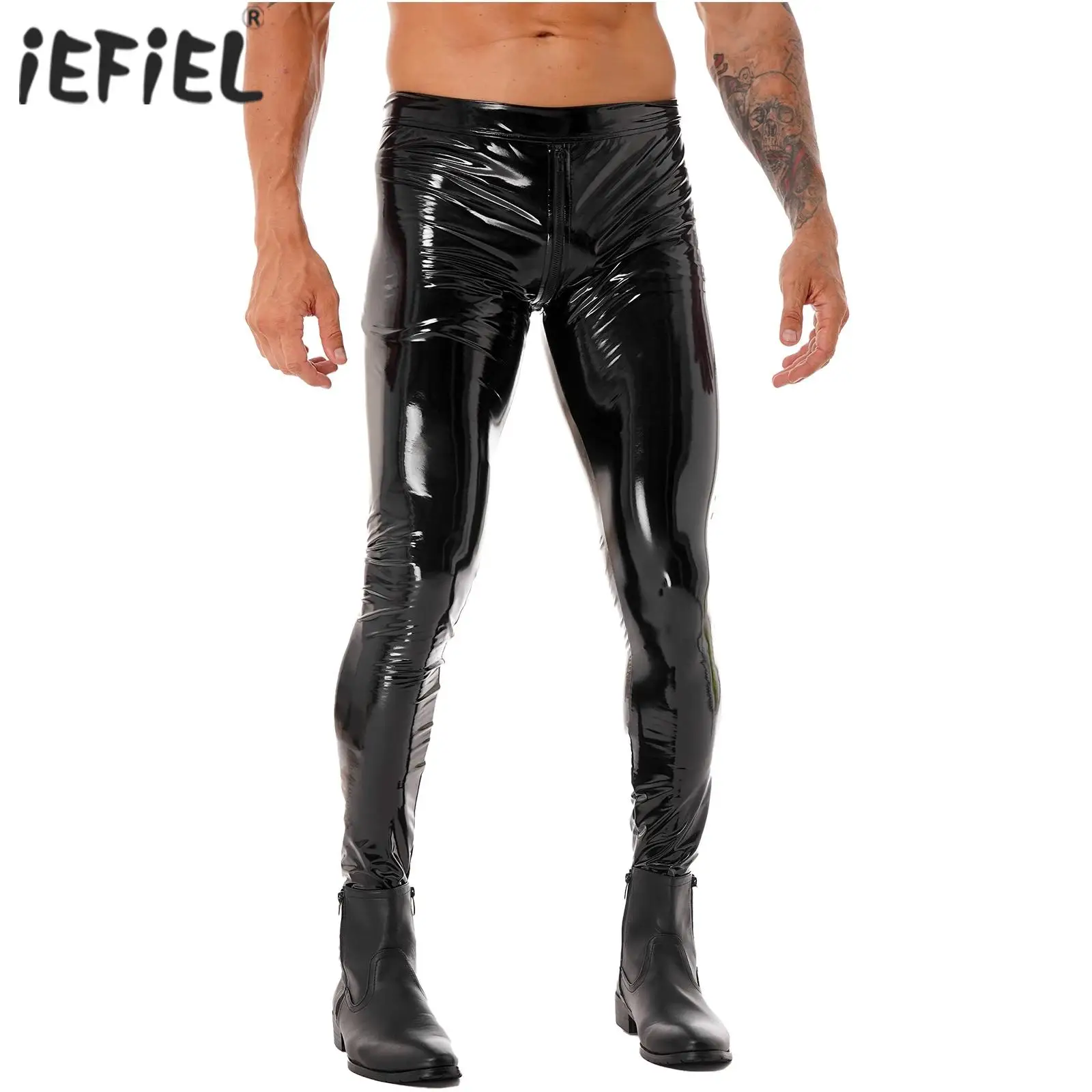 Black Patent Leather Tights Pants for Mens Motobiker Skinny Pants Two-way Zipper Crotch Trousers Male  Motorcycling Leggings