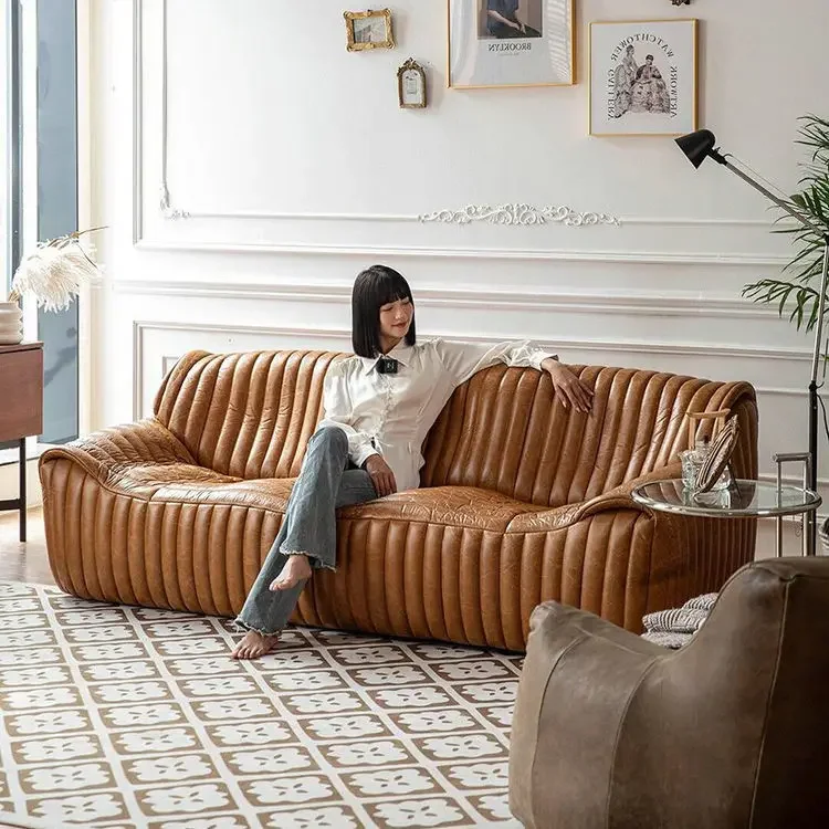 

Medieval style 1970 freehand space living room designer American retro oil wax leather wavy sofa