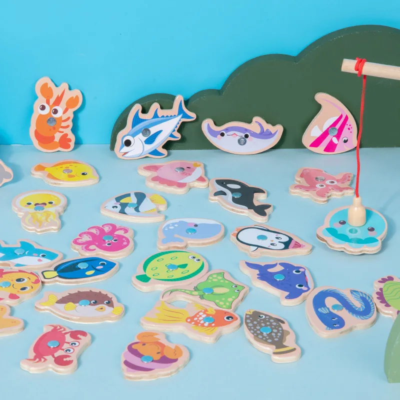 Giocattoli da pesca magnetici in legno cartoni animati per bambini creature Marine giochi di pesce cognitivo educazione interazione genitore-figlio regali per bambini