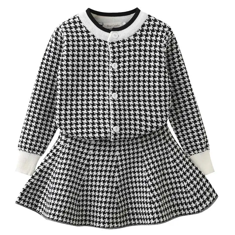 Bear Leader Girls Sets 2023 New Spring Pink Houndstooth Knitted Suits Long Sleeve Plaid Sweater+Skit 2Pcs Kids Suits For 3-7Y
