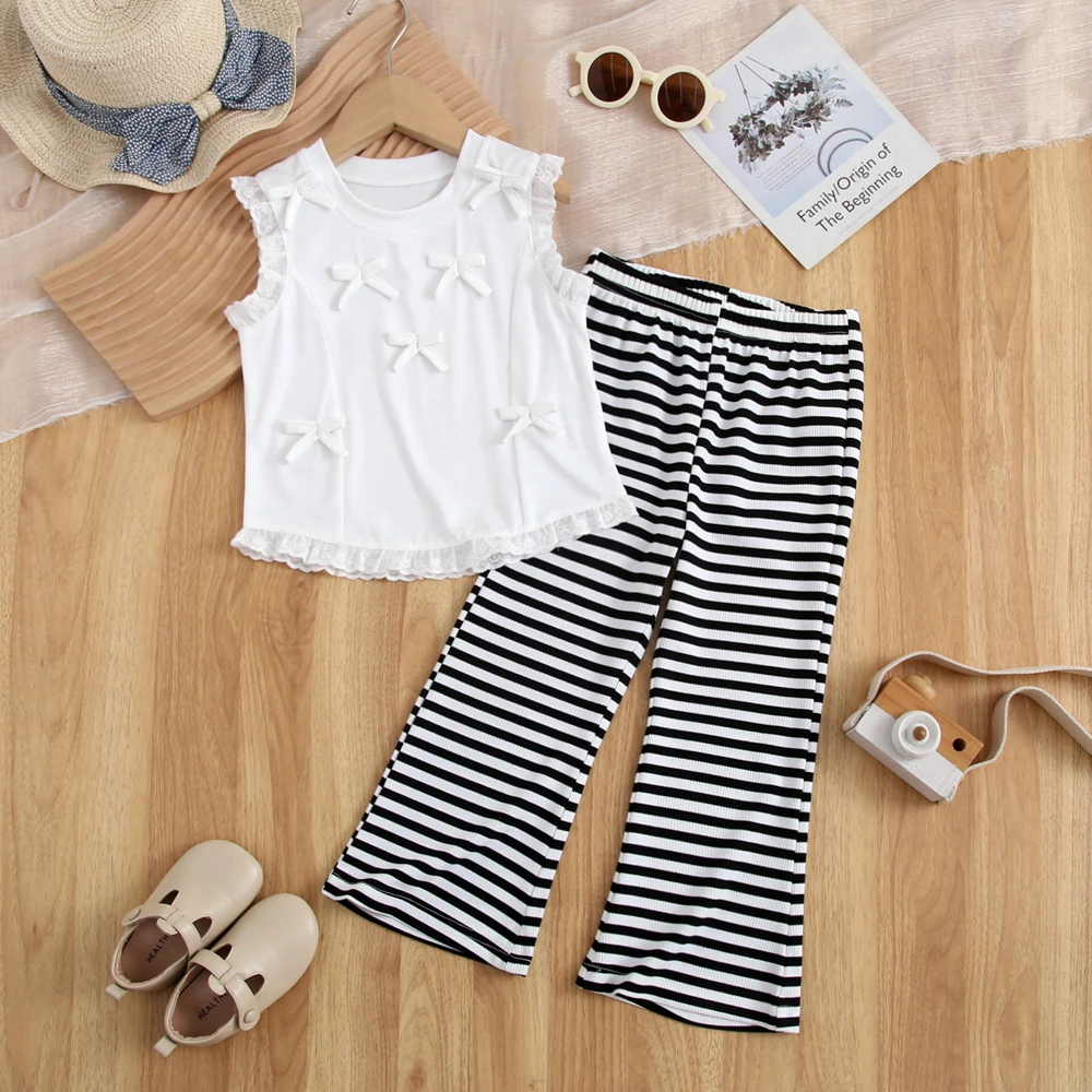 Girls Sets Casual Summer Bow Tie Vest + Striped Flare Pants Outfits Casual Kids Suits 2PCS Kids Girls Clothes