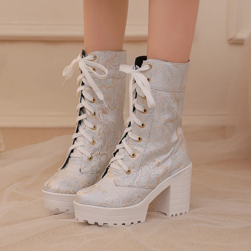 Round Toe Platform Super High Thick Heel Floral Lolita Style Girl's Mid-Calf Boots Breathable Lining Autumn New Sweet Boots